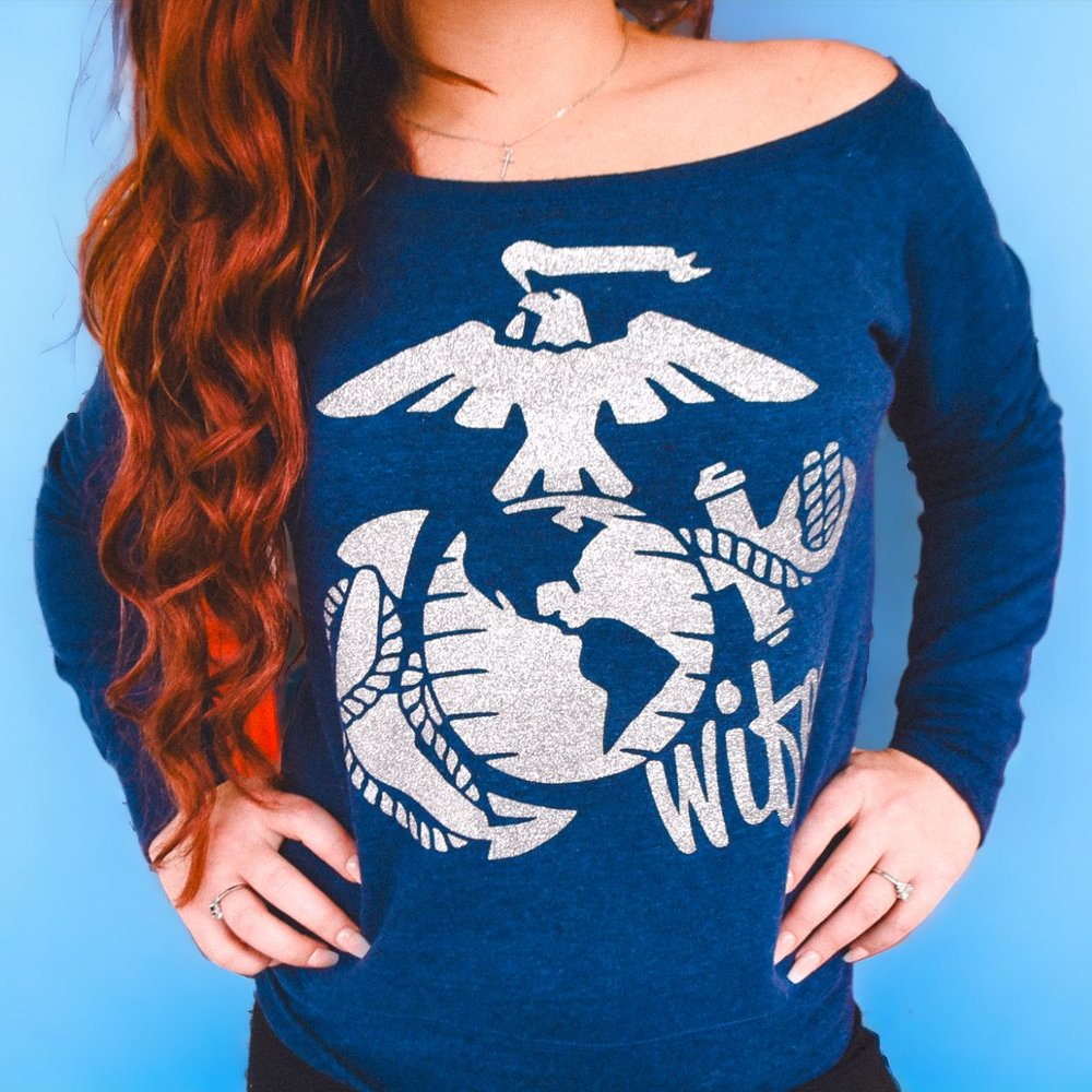 USMC Wife Full Glitter Slouchy Wideneck Sweater